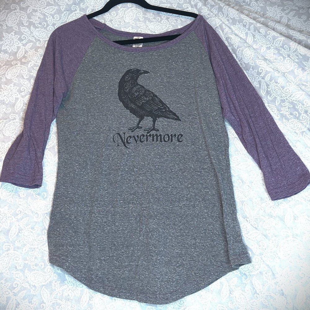 Nevermore raven lilac purple & grey 3/4 sleeve baseball tee XL